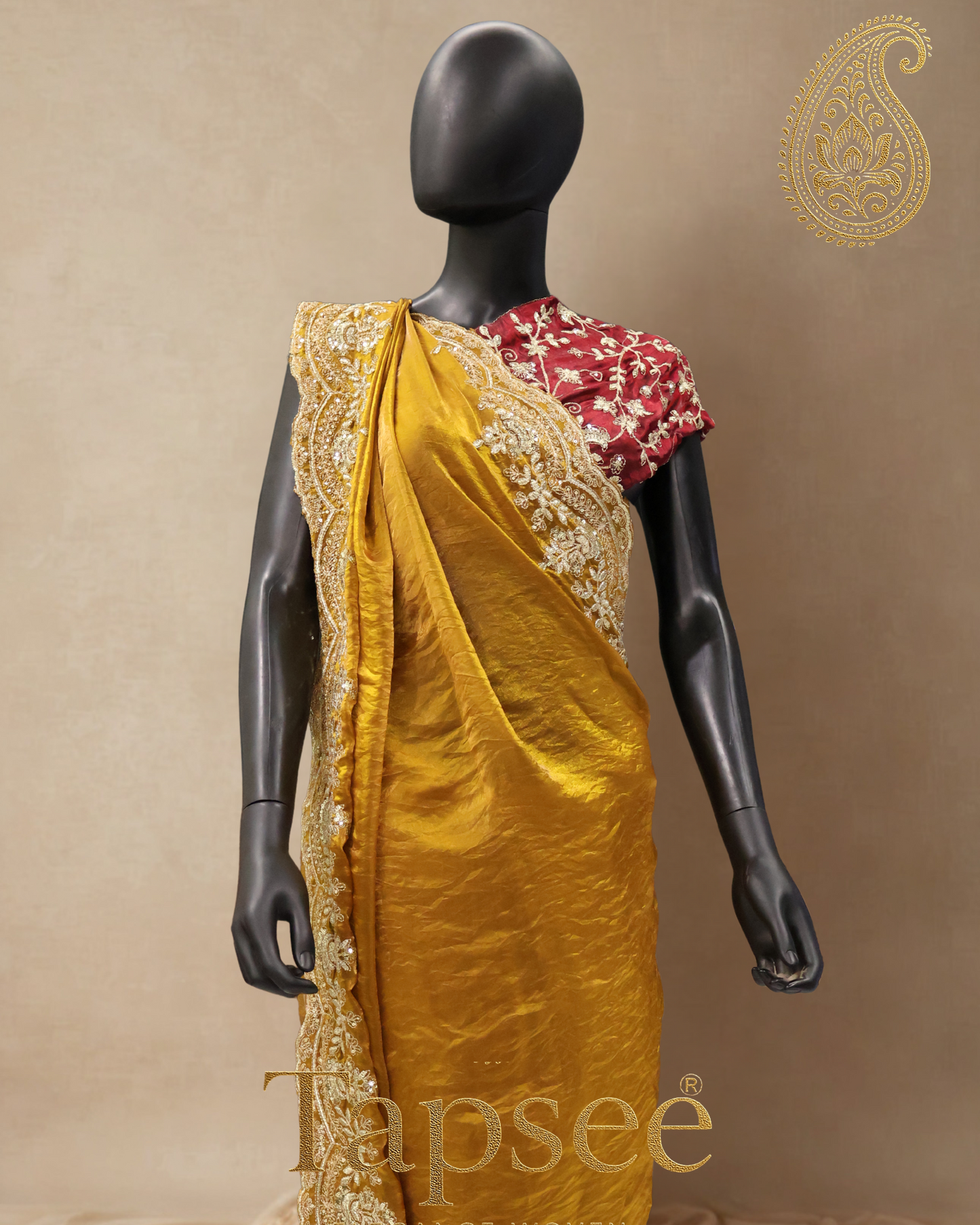 Tapsee® Regal Mustard Elegance: Hand-Embroidered Fandy Silk Saree with Maroon Blouse