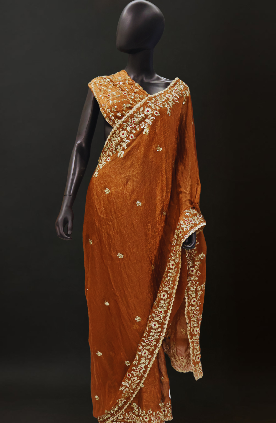 Festive Partywear Saree in Rust Brown with Heavy Embroidery