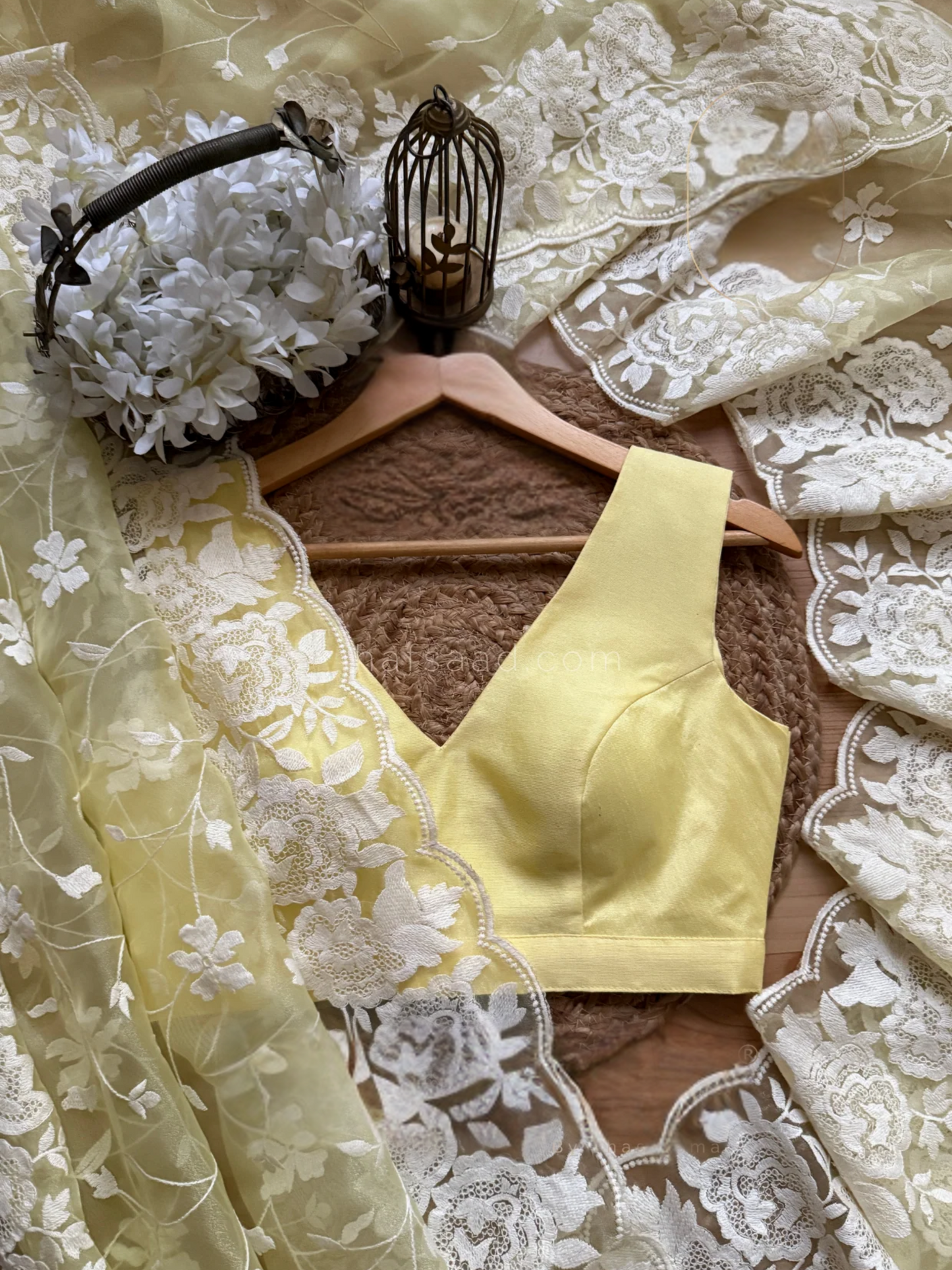 Lemon Blossom Organza Embroidered Saree