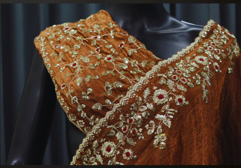 Festive Partywear Saree in Rust Brown with Heavy Embroidery