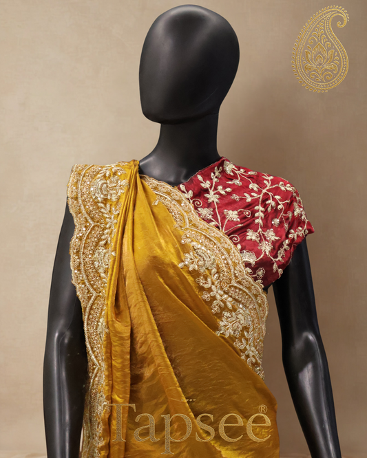 Tapsee® Regal Mustard Elegance: Hand-Embroidered Fandy Silk Saree with Maroon Blouse