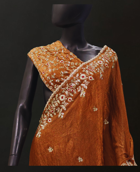 Festive Partywear Saree in Rust Brown with Heavy Embroidery