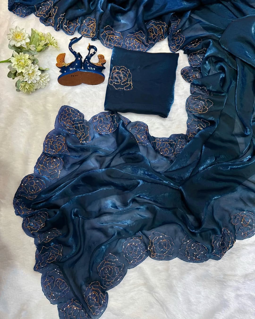 Midnight Rose Embroidered Teal Fandy Silk Saree with Designer Blouse