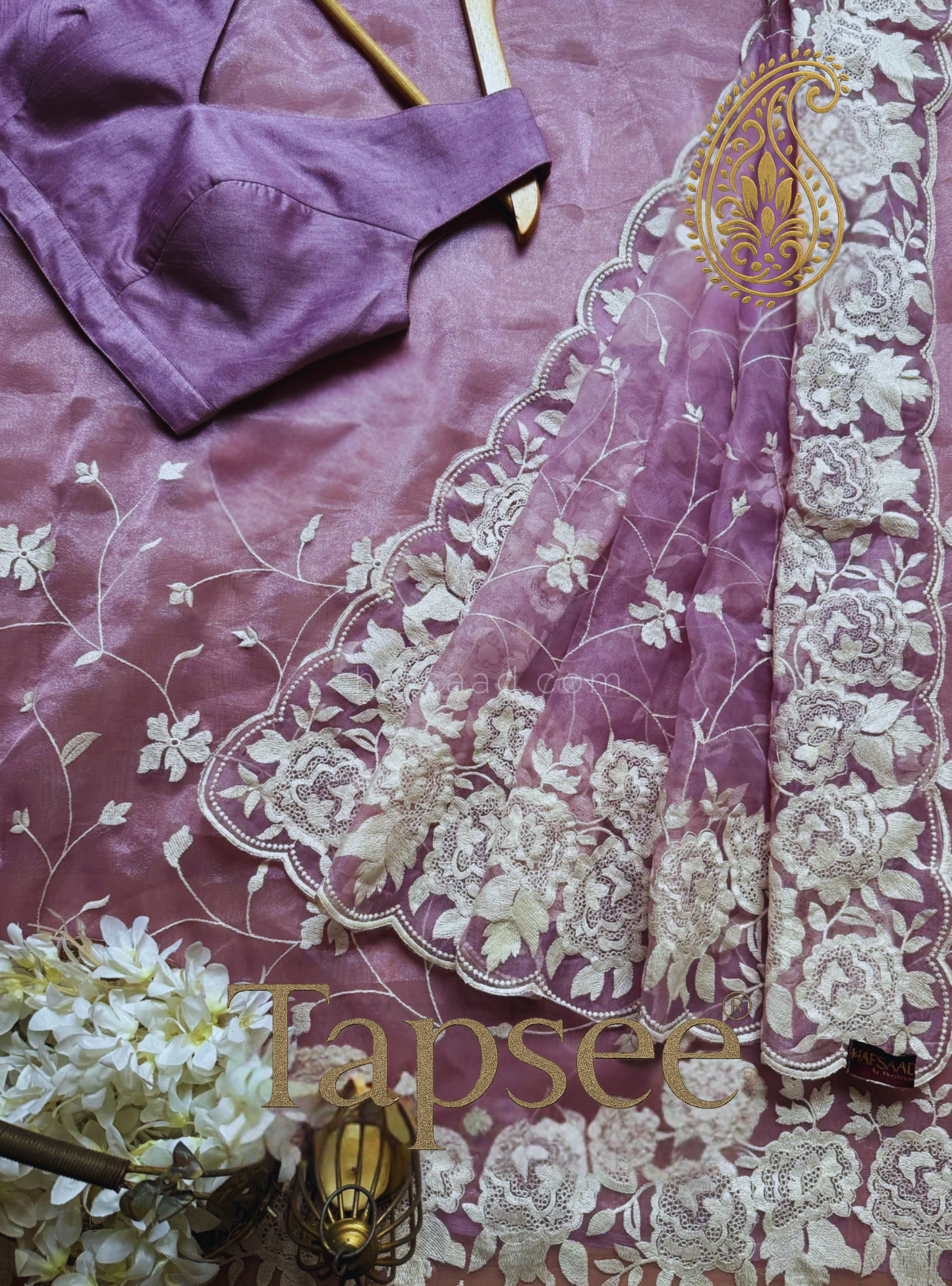Lavender Orgenza Net Saree with Ivory Floral Embroidery & Matching Blouse | Tapsee® Exclusive