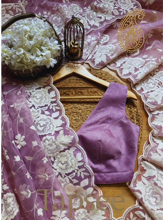 Lavender Orgenza Net Saree with Ivory Floral Embroidery & Matching Blouse | Tapsee® Exclusive