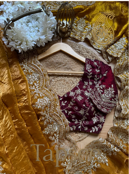 Golden Silk Saree with Maroon Embroidered Blouse | Wedding & Partywear